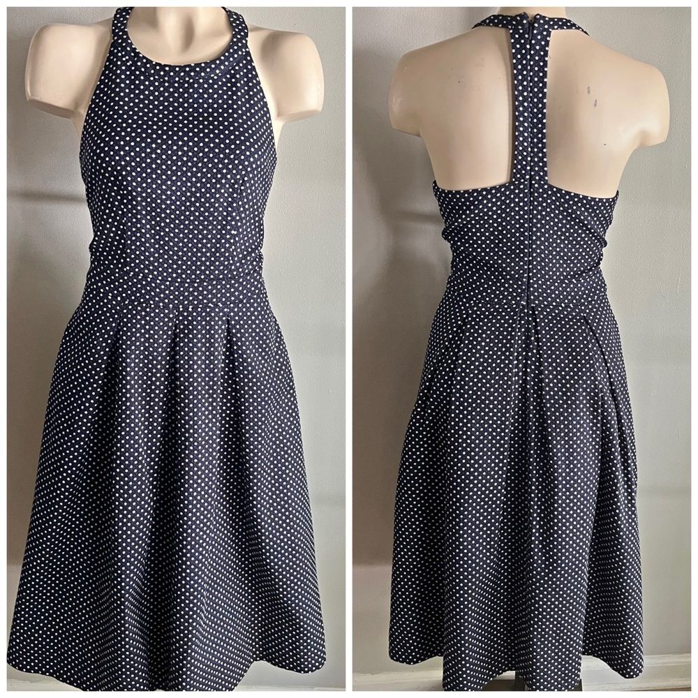 Navy Polka Dot Halter Fit Flare Midi Dress Retro Pinup Size 2 The Limited